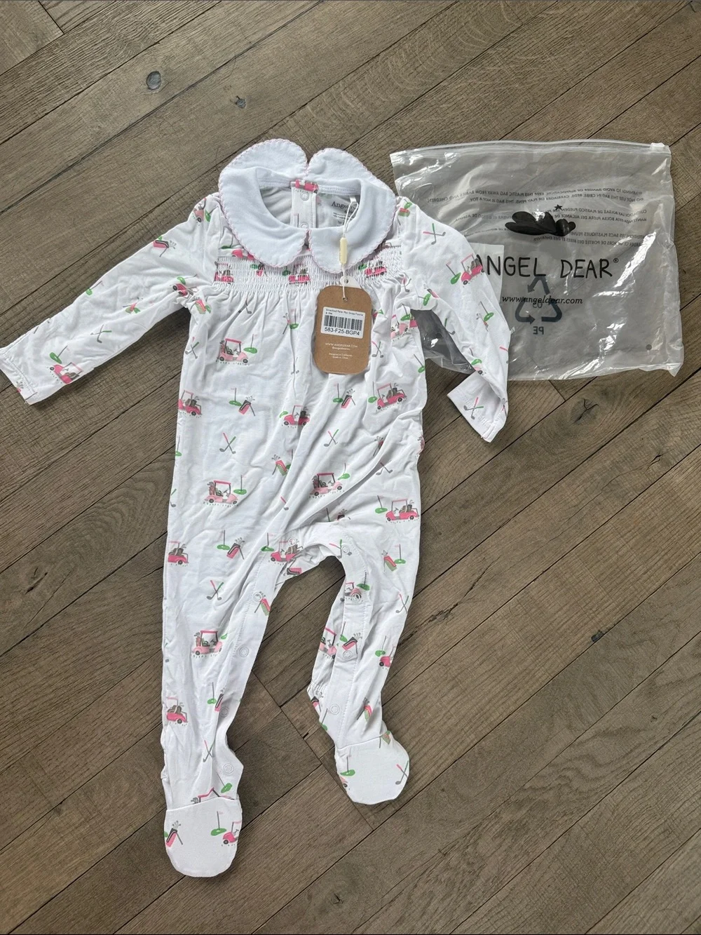Angel Dear White One-Piece with Pink and Green Golf Cart Print